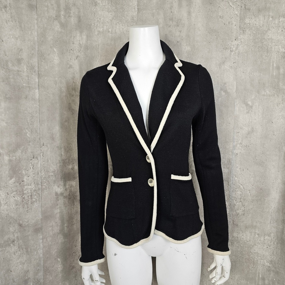 Anthropologie Moth Knit‎ Blazer Jacket Black Ivory Trim Wool Blend Women's Small - Picture 2 of 9